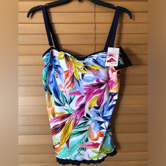 MAXINE NWT CONGA RUFFLE TNKINI IN FLORAL/ NAVY BLUE ADJUSTABLE STRAPS SIZE 8 - Picture 1 of 8
